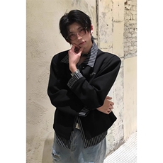 假两件条纹拼接衬衫卫衣男款翻领高级感衬衣痞帅开衫外套，男装衬衫，四季星座505