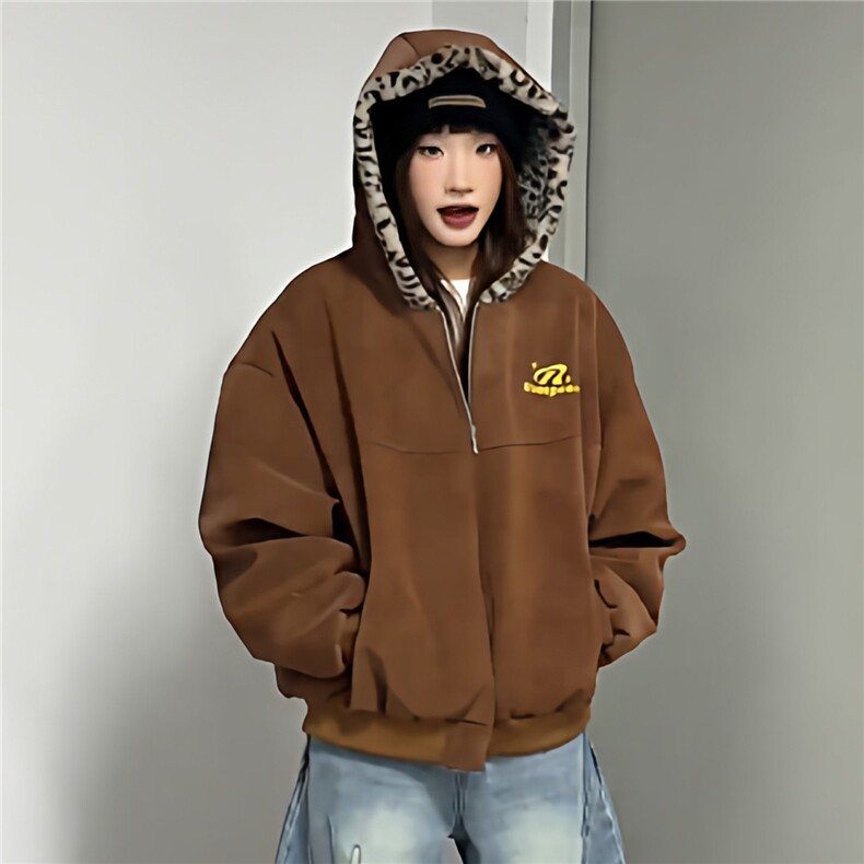 豹纹双面穿棉服连帽设计感美式麂皮绒短款男女冬季工装夹克棉衣,男装夹克,四季星座505