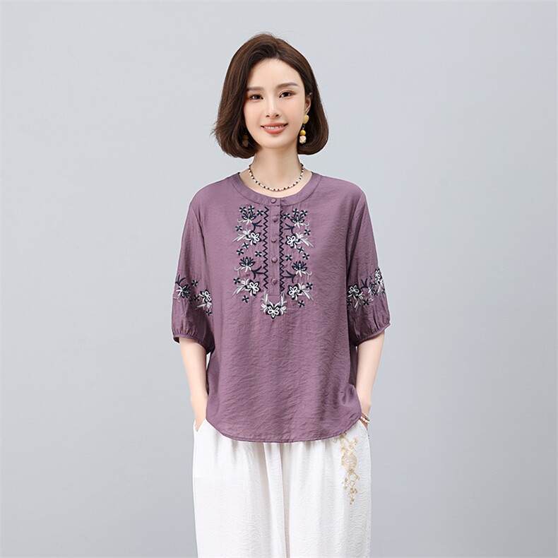 高端时尚妈妈装苎麻女2025夏季新款洋气刺绣衬衫休闲裤,女装衬衫,凝聚力