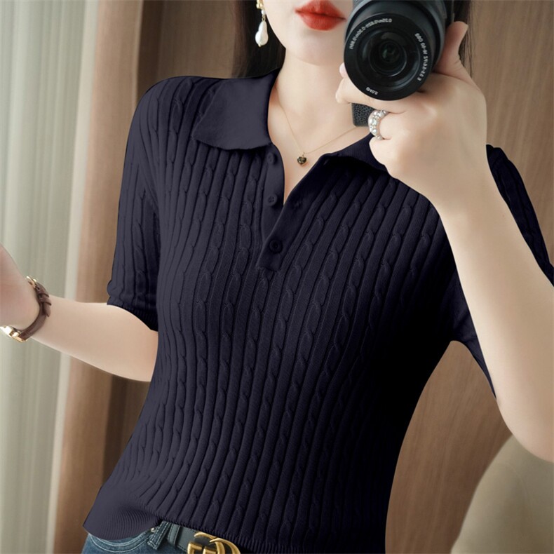 复古风POLO领纯棉针织短袖女25年夏薄款棉麻半袖T恤修身显瘦上衣，女装T恤，品高羊绒