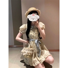 娃娃领泡泡袖碎花连衣裙女收腰显瘦法式茶歇小个子复古中长款裙子，女装连衣裙，星座506A