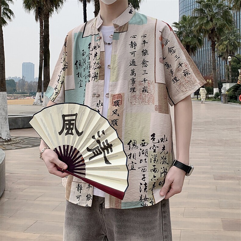 新中式唐装花衬衫男夏季潮流风盘扣短袖衬衣7003P40图片