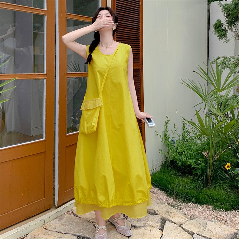 2025夏时尚宽松显瘦圆领无袖下摆拼接网纱配包包减龄连衣裙女,女装套装/套裙,欧黛芙妮