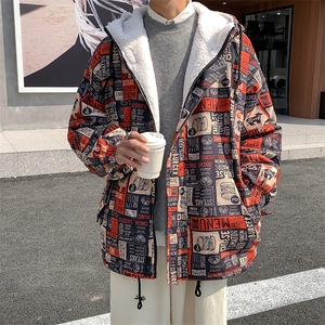 2025冬装涂鸦印花男士羊羔毛棉衣连帽宽松棉服棉袄 M505-特P110图片