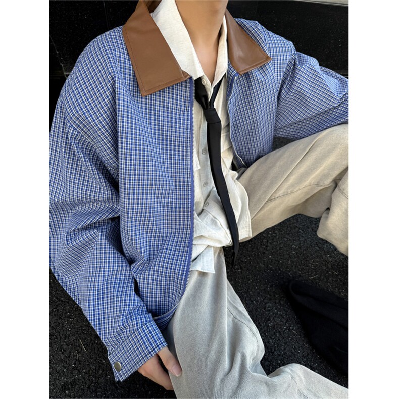 XZ1005-1-TTH0065-批88-设计感格子拼接皮翻领垫肩夹克外套,男装夹克,星座1005-1