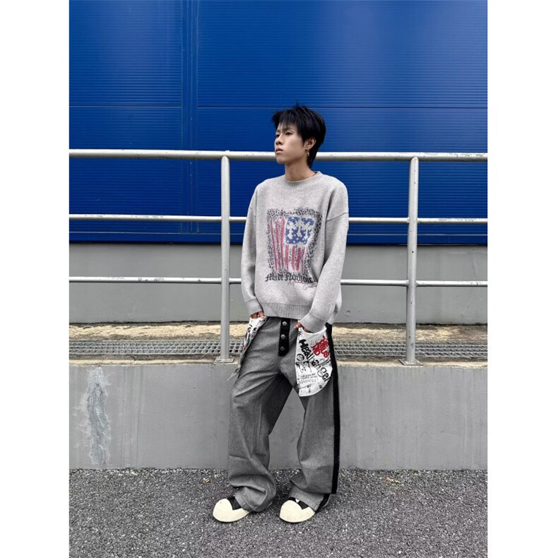 美式复古豹纹旗帜印花圆领毛衣男女宽松街头针织衫MY0452-P55,男装针织衫/毛衣,星座308B-2
