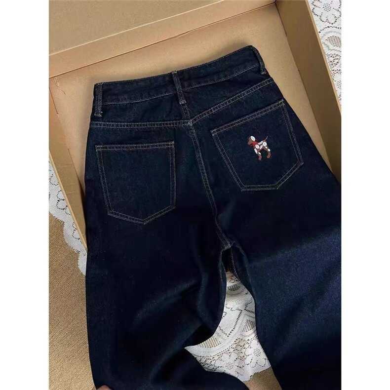 复古深蓝色小狗刺绣牛仔裤女夏季慵懒松弛感直筒阔腿拖地梧桐裤子,男装牛仔裤,星座1210-1