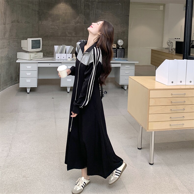 韩系休闲运动卫衣连衣裙女2025春秋季新款长款脚踝显瘦拉链长裙子,女装连衣裙,2C098