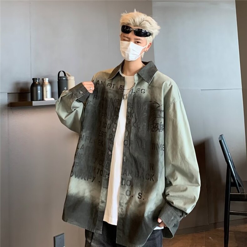 2024美式复古潮牌涂鸦街头长袖衬衫男女字母情侣外套秋C4553/P45图片