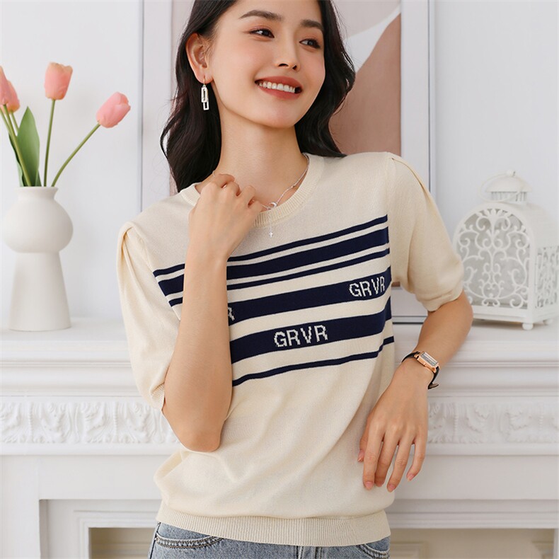 美式复古圆领短袖T恤女夏季设计感小众百搭显瘦纯棉针织上衣,女装T恤,伊绒腾羊绒
