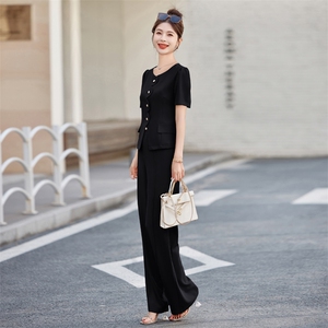 夏季新款气质女神范两件套西装套装女韩版显瘦阔腿裤职业装时尚图片