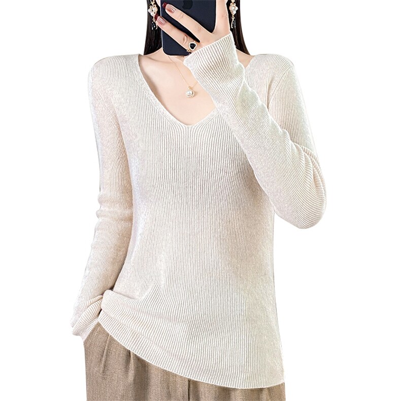 V领毛衣女内搭秋冬2024年新款修身显瘦长袖紧身打底衫,针织衫/毛衣,佳绒包芯纱店