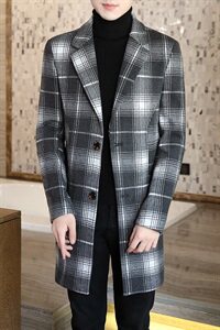 2020冬季男士修身毛呢大衣中长款加厚格子外套N09图片