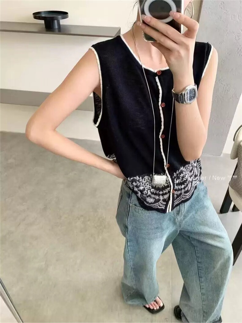 夏季新款简约竹节麻民族风提花坎肩女宽松百搭显瘦时尚休闲上衣,针织衫/毛衣,雪真羊绒