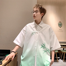 新中式冰丝衬衫渐变竹节盘扣七分袖垂感衬衣C2320-特P38控59，男装衬衫，星座1213