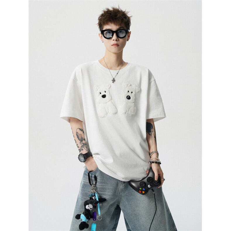 706-LK668-P38特P现货夏季毛绒小狗刺绣短袖T恤情侣半袖上衣,男装T恤,星座706