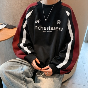 拼接撞色卫衣男生春秋季美式高街赛车服叠穿潮牌印花宽松圆领外套图片