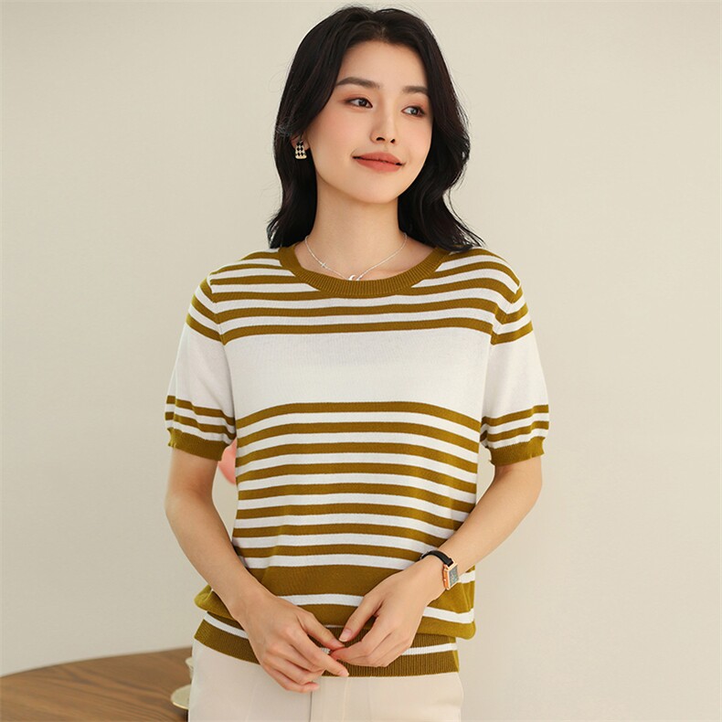 圆领条纹纯棉短袖针织衫女夏季韩版时尚休闲显瘦减龄T恤百搭上衣,女装T恤,伊绒腾羊绒