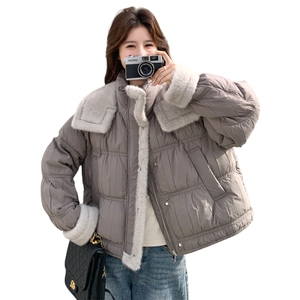 灰色短款泡芙羽绒服女2025冬季高级感毛毛拼接保暖90白鸭绒厚外套图片