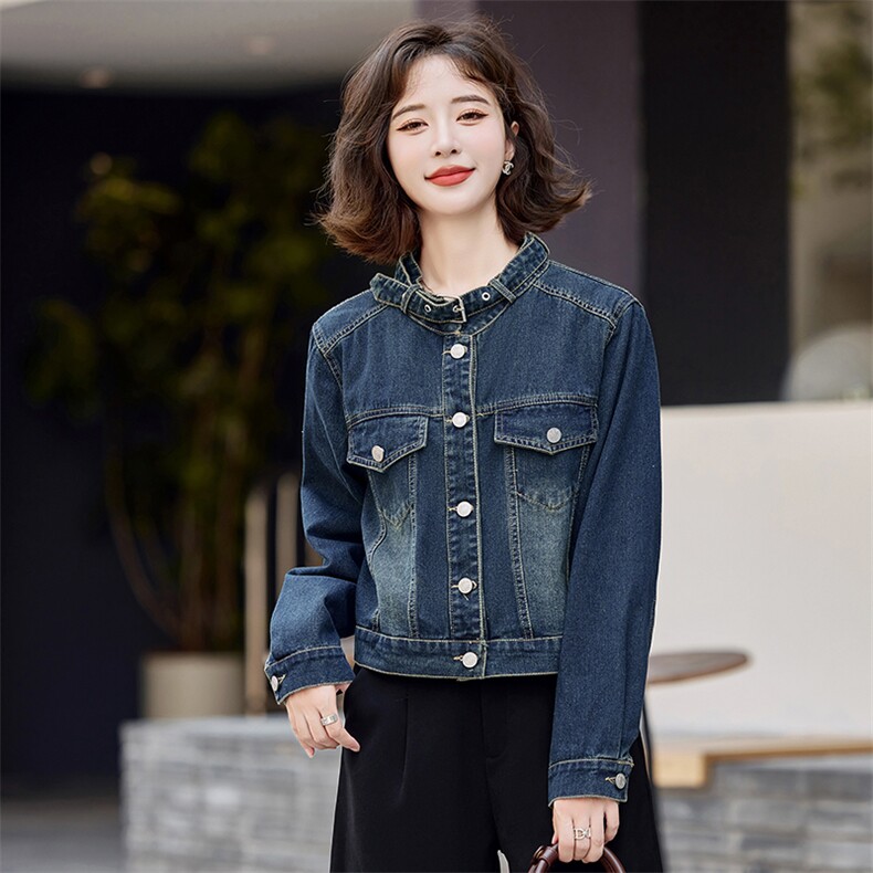 罗芬故事面料官网女装春秋新款时尚立领休闲上衣蓝色复古牛仔外,女装牛仔外套,依路服饰