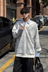 新款假两件条纹拉链衬衫领休闲春款卫衣高街休闲学院卫衣特P50，男装衬衫，电商B319
