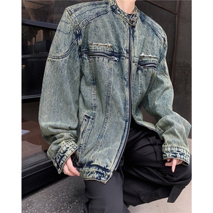 复古做旧水洗垫肩短款拼接牛仔外套金属设计感无领夹克男 JK8348图片