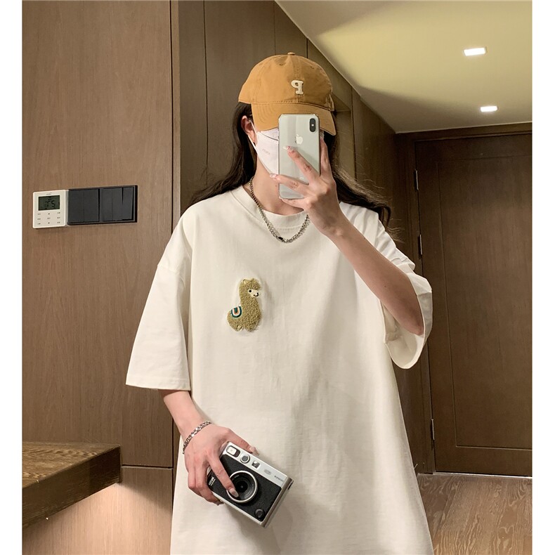 中性夏季毛巾绣羊驼卡通圆领宽松半袖T恤女短袖潮D289P25控39,男装T恤,电商A335-1（原A458）