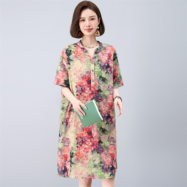 中年妈妈棉麻碎花连衣裙女夏新款宽松休闲遮肚子大码显瘦减龄裙子,女装连衣裙,独衣靓