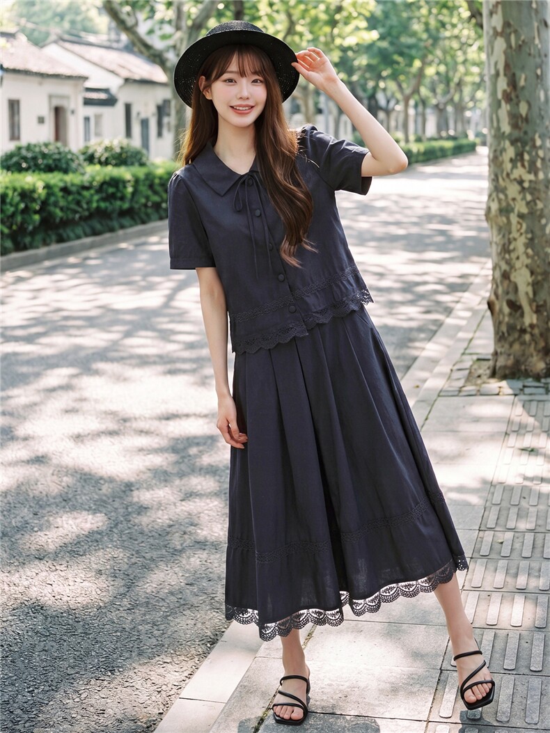 蕾丝拼接娃娃领系带上衣松紧腰半裙学院风套装女,女装套装/套裙,水衣源