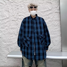 春秋款蓝色格子衬衫男女长袖韩版潮流复古休闲潮牌衬衣外套-S333，男装衬衫，星座601-2