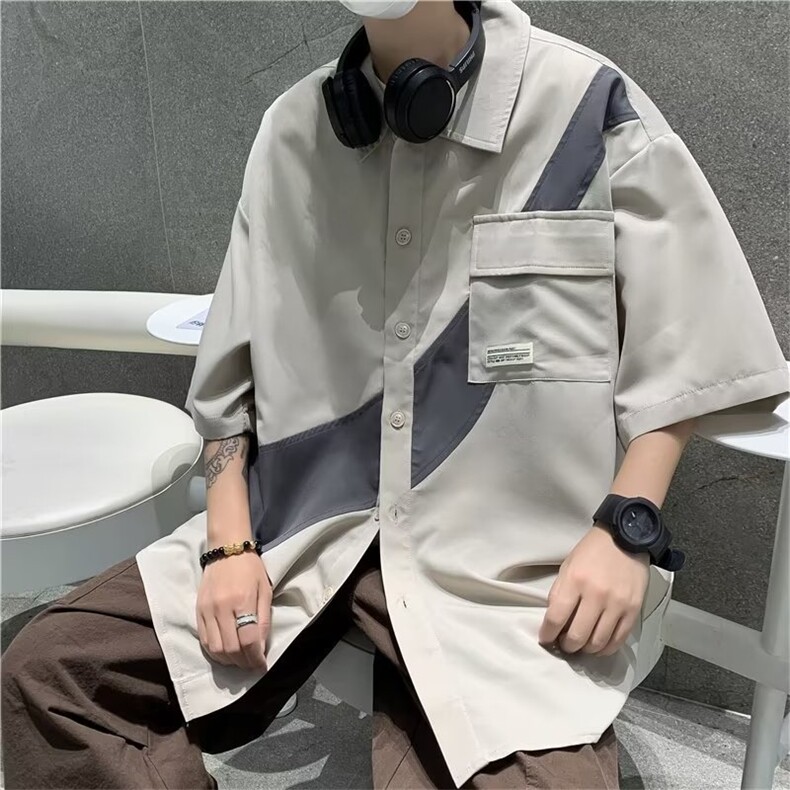 设计感拼接短袖衬衫男夏季日系Cityboy宽松休闲衬衣外套C2793-P33,男装T恤,星座1008-1