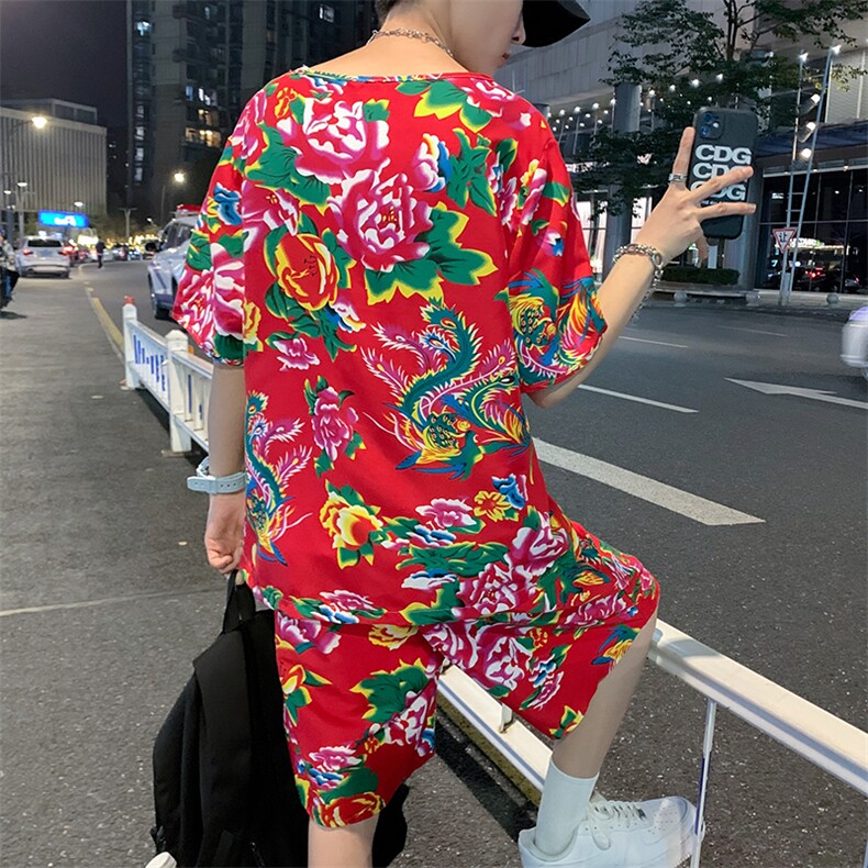 TZ203夏季新款男士T恤短裤套装东北大花大码红色蓝色青年运动套装,男装休闲套装,星座115A(原星座507）