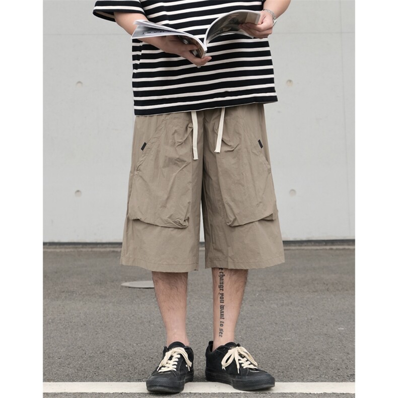 Ja1从不熬夜日系复古夏季七分裤大口袋宽松简约阔腿工装短裤男图片