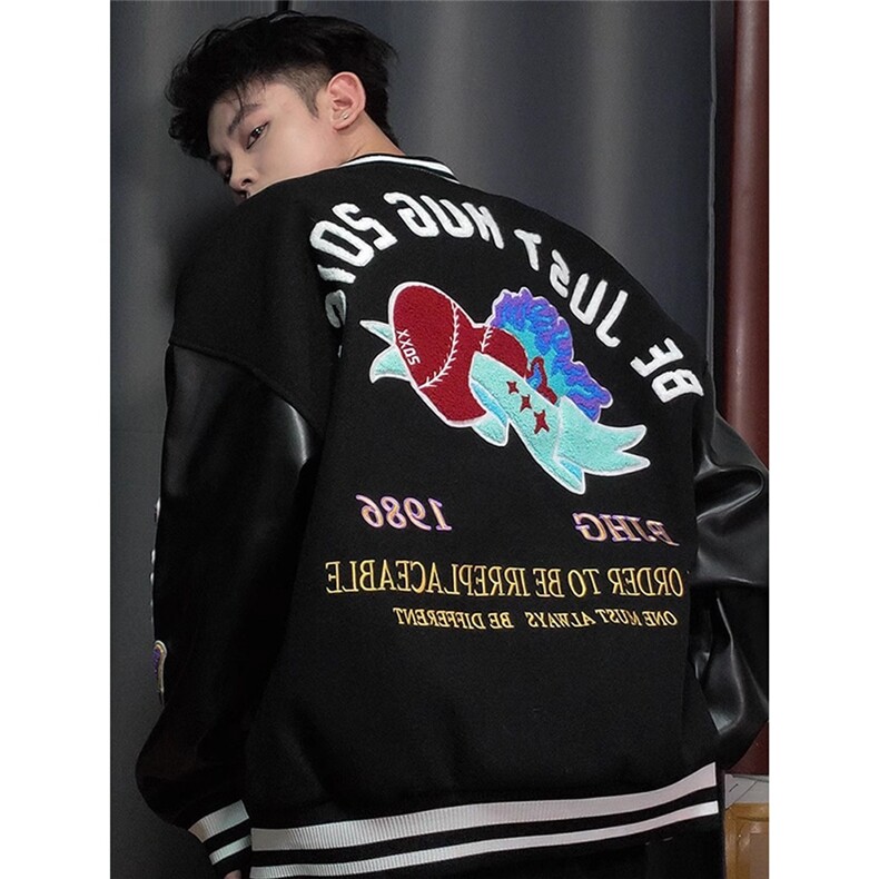 B1024-P78美式潮牌棒球服男款字母植绒刺绣外套pu皮拼接袖,男装T恤,电商B323A