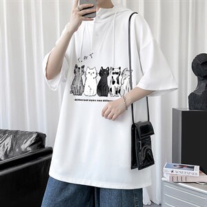 LD54100-P45 连帽短袖t恤男大码胖子带帽五分袖中袖图片