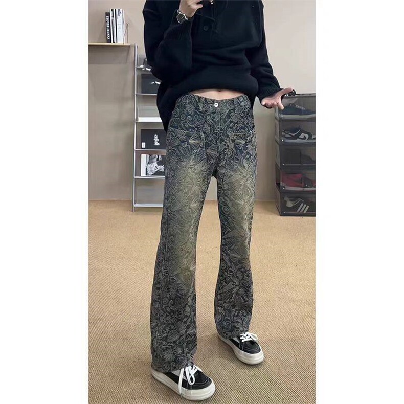 复古蓝微喇提花牛仔裤男款美式高街高腰弯刀长裤310A-4-NZ83-P50,男装牛仔裤,星座310A-4