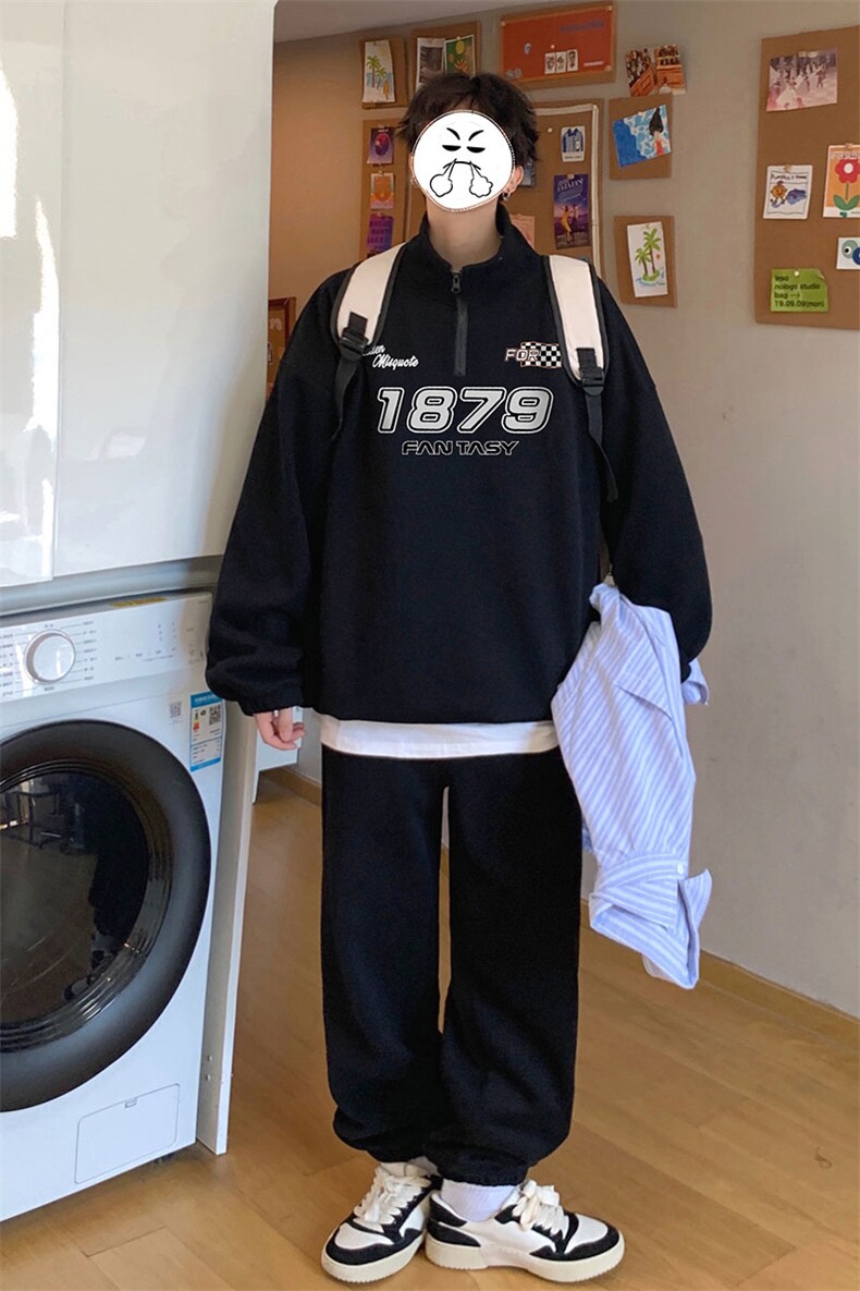 23春季ins潮时尚宽松半拉链翻领卫衣休闲百搭运动裤H101P110控158,男装休闲套装,电商A247