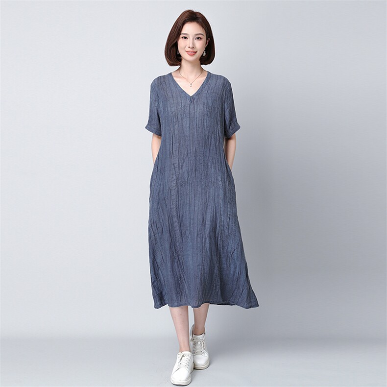 夏季新款苎麻连衣裙宽松V领显瘦长裙853图片