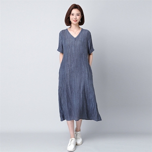 夏季新款苎麻连衣裙宽松V领显瘦长裙853图片