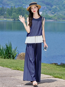 （新款现货）2026夏装时尚莱赛尔假两件上衣+阔腿裤套装两件套女图片