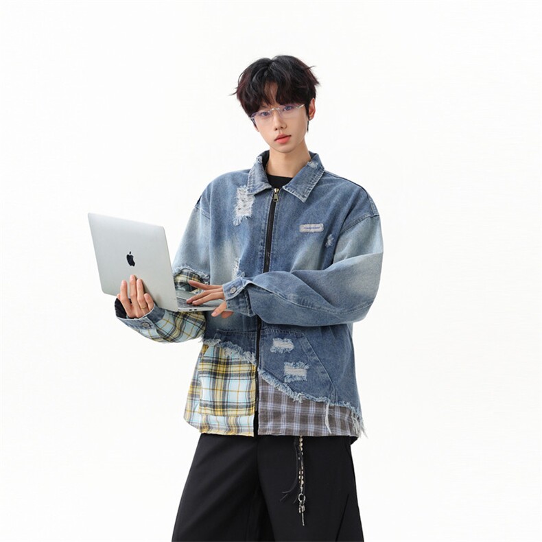 【现货】XZ1218WT8972特价P75复古格子拼接破洞毛边牛仔外套,男装工装外套,星座1218（原611-3）