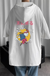 LD54012-P45 连帽短袖t恤男大码胖子带帽五分袖中袖图片