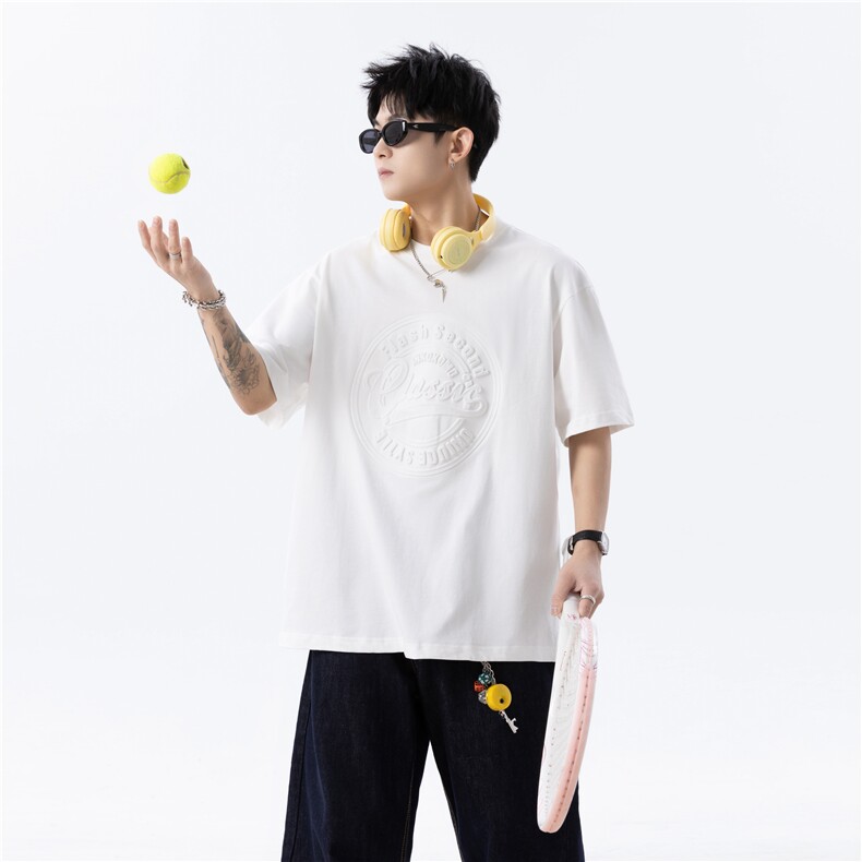 现货重磅纯棉钢印美式大版型宽松短袖T恤T130-P30-控58，男装T恤，电商D309