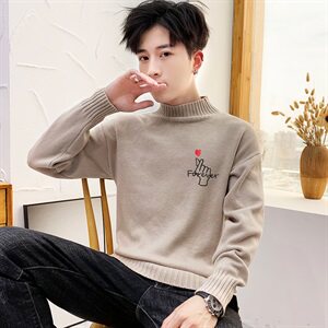 秋冬中领毛衣男比心套头外套男毛衫打底针织衫高领爱心绿M227P35图片