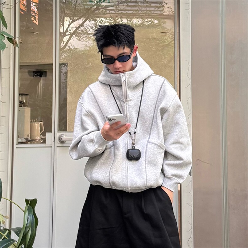 抖音得物高品质秋冬美式高街重磅结构辑明线纹理连帽卫衣外套W111图片
