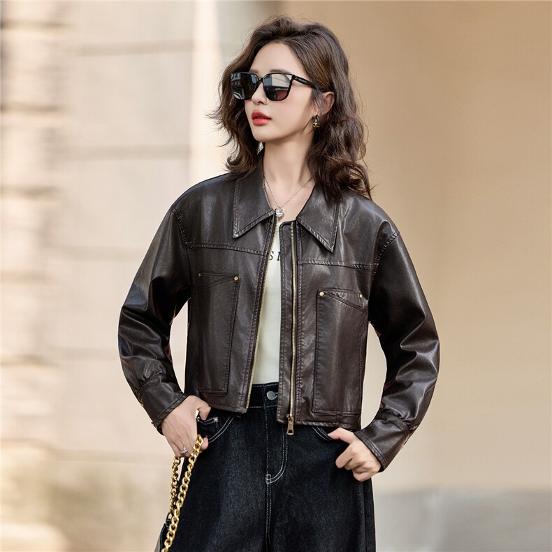 酷飒风翻领皮衣短外套女2025秋季新款小个子显瘦百搭机车夹克上衣,女装皮衣,臻衣坊