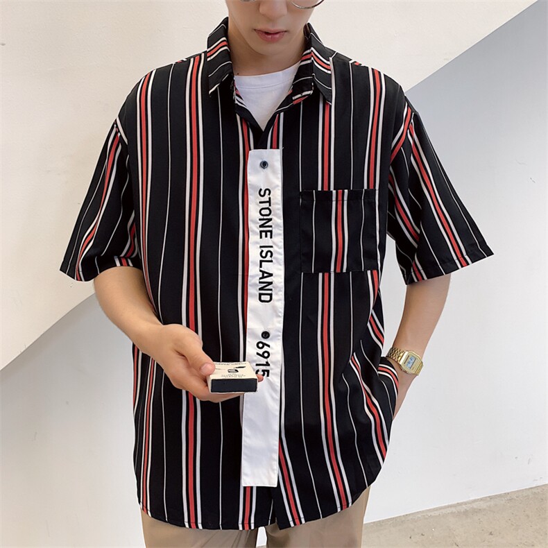 港风夏季条纹短袖衬衫宽松休闲BF风潮流衬衣CS02/,男装衬衫,电商D202