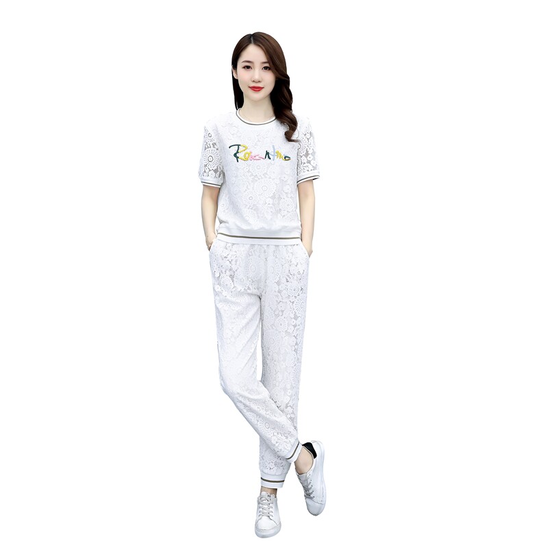 欧货洋气休闲时尚套装女2023年夏装新款蕾丝束脚裤两件套减龄显瘦,女装套装/套裙,梦依杭