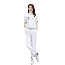 欧货洋气休闲时尚套装女2023年夏装新款蕾丝束脚裤两件套减龄显瘦，女装套装/套裙，梦依杭