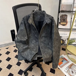 JK293-P88 春季肌理纹路短款皮衣夹克男士通勤宽松休闲机车服图片